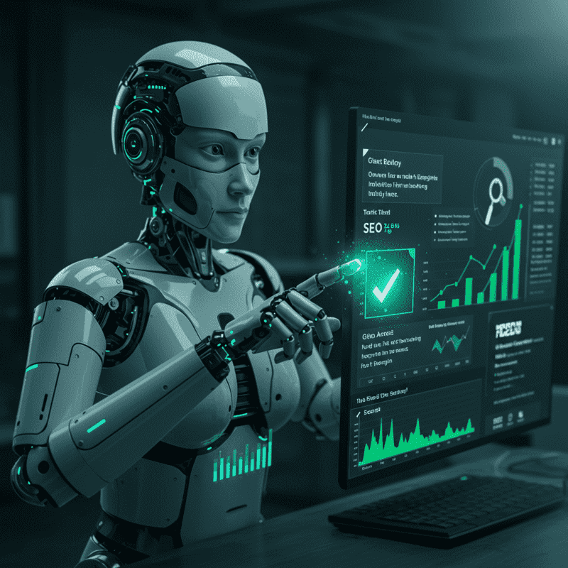 IA analisando resultados de busca e destacando conteúdo otimizado.