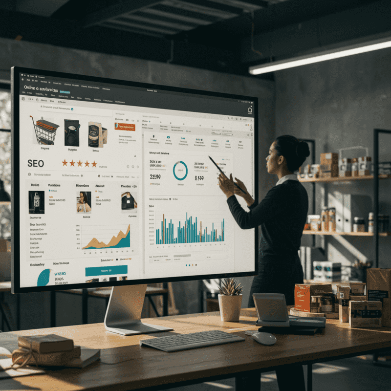 seo para marktplace sendo analisado por uma pessoa no gráfico