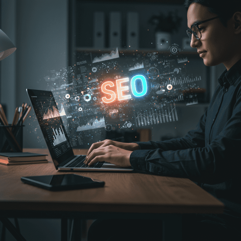 estrqatégia de npl semantica de seo representada por um homem e um notebook