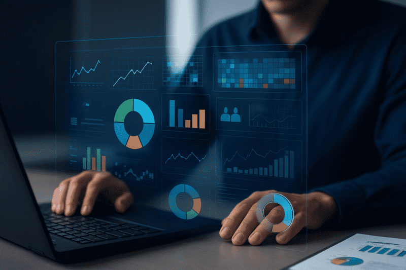 marketing baseado em dados com um personagem no notebook e dados na tela projetada