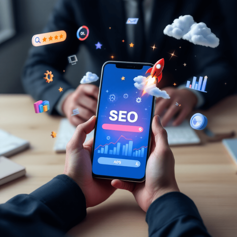 SEO Focado em Marca: Evolução Natural ou Exigência do Google? 10 Celular na mão com a tela escrita SEO